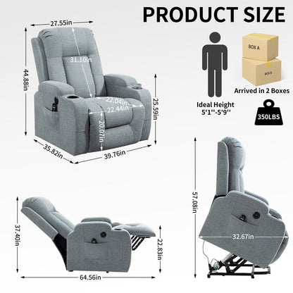 Massage Heat Power Lift Recliner Chair, USB Port, Dual Cup Holders