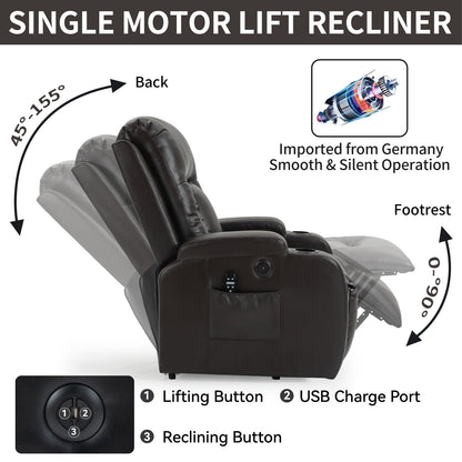 Massage Heat Power Lift Recliner Chair, USB Port, Dual Cup Holders