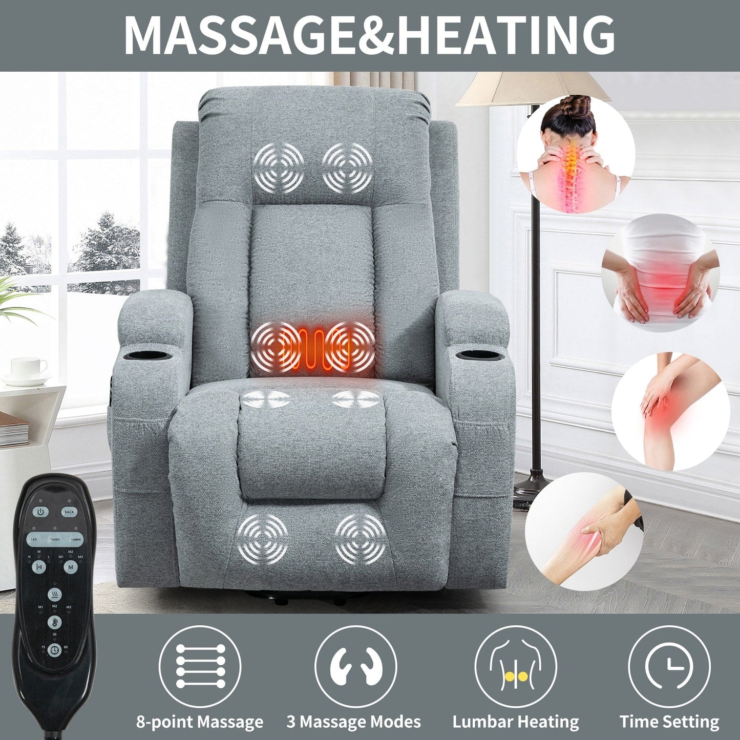 Massage Heat Power Lift Recliner Chair, USB Port, Dual Cup Holders