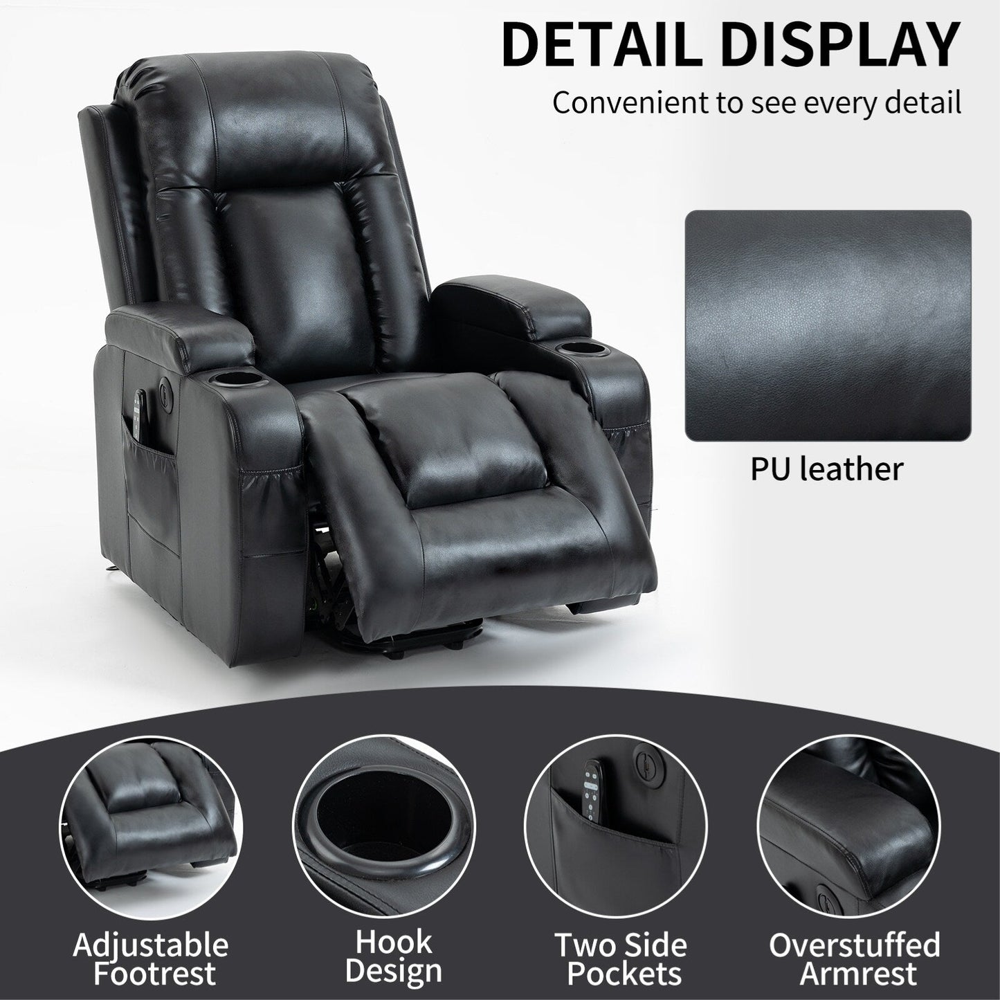 Massage Heat Power Lift Recliner Chair, USB Port, Dual Cup Holders