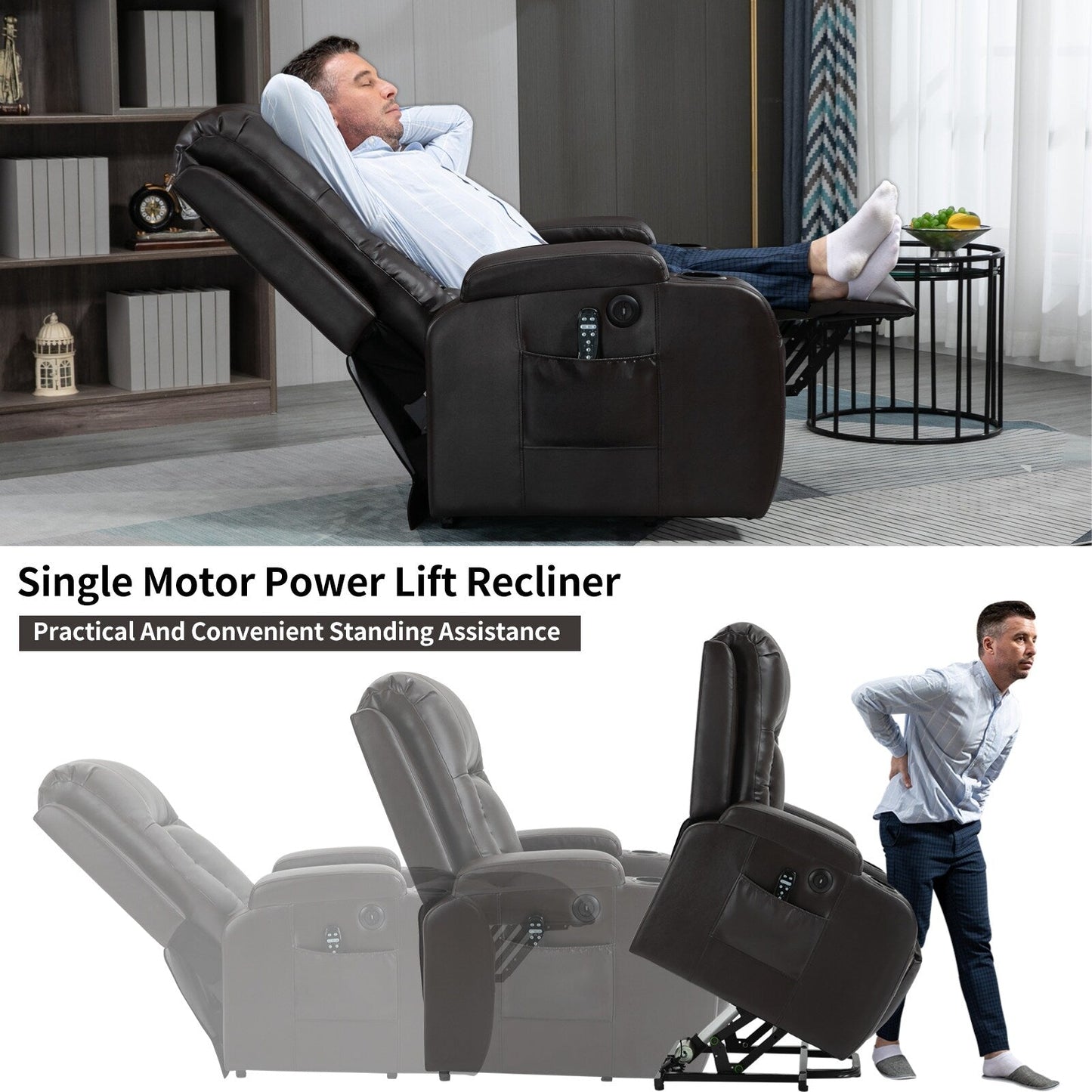 Massage Heat Power Lift Recliner Chair, USB Port, Dual Cup Holders