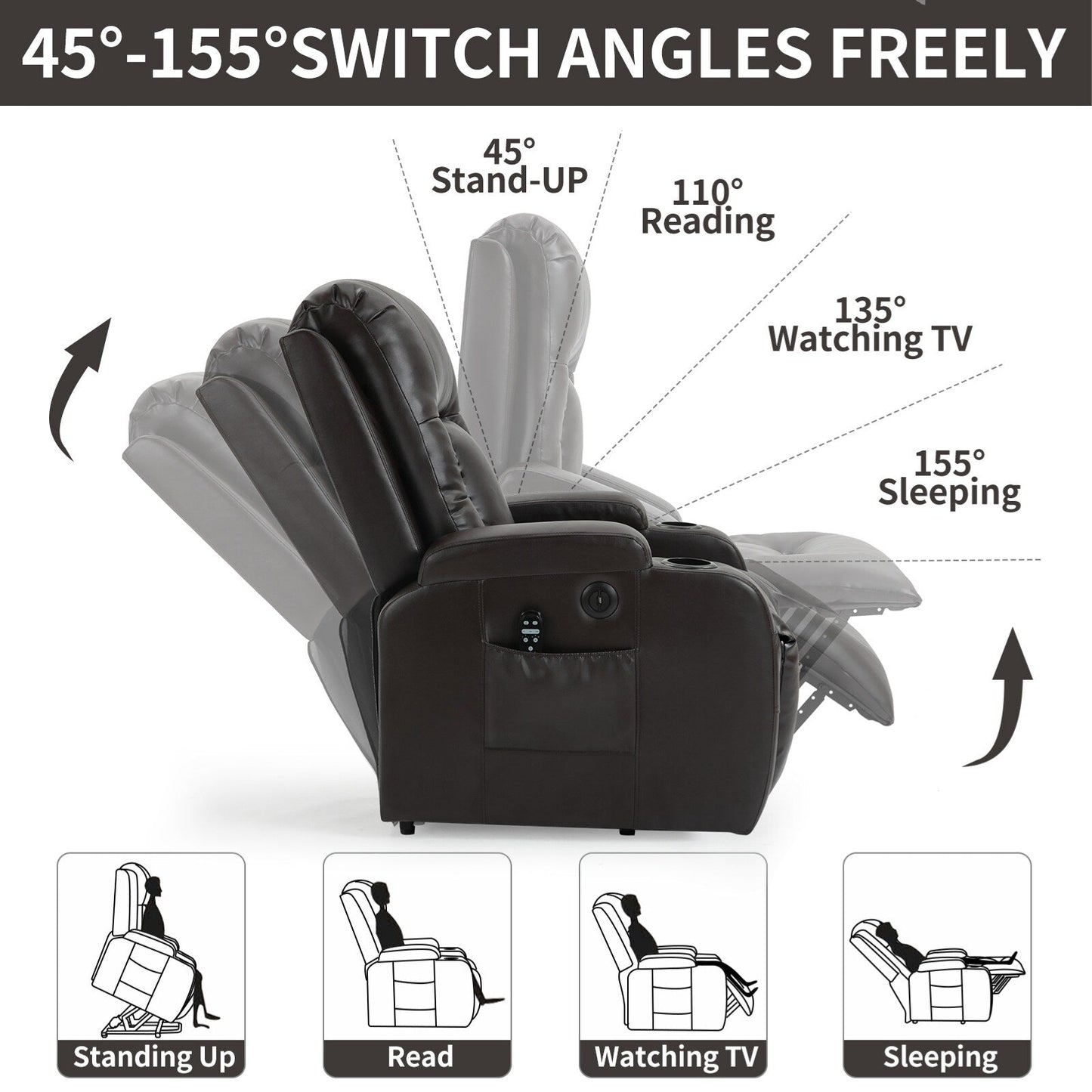 Massage Heat Power Lift Recliner Chair, USB Port, Dual Cup Holders