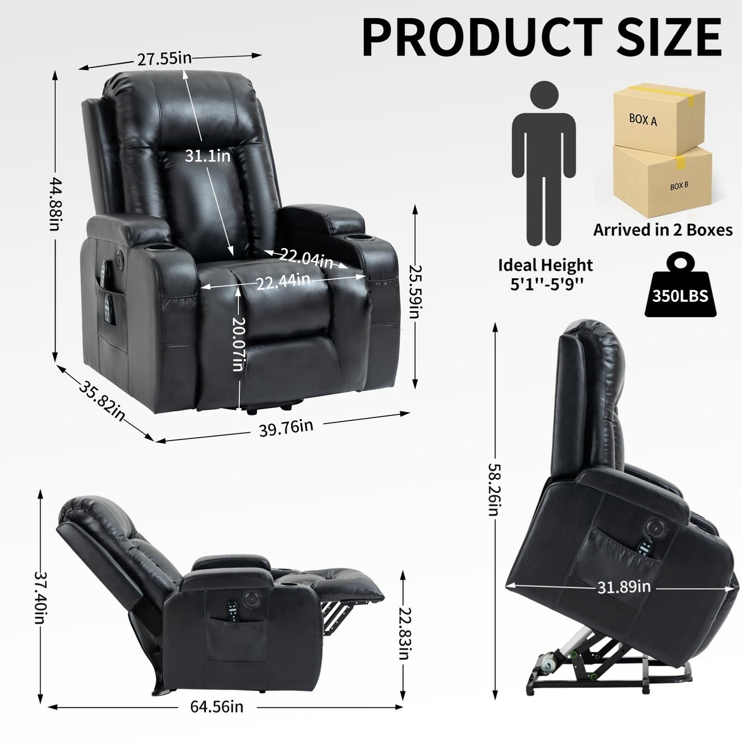 Massage Heat Power Lift Recliner Chair, USB Port, Dual Cup Holders
