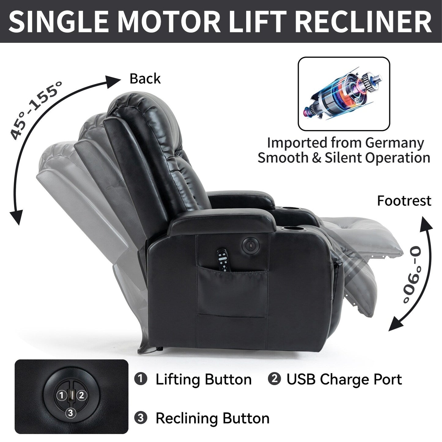 Massage Heat Power Lift Recliner Chair, USB Port, Dual Cup Holders