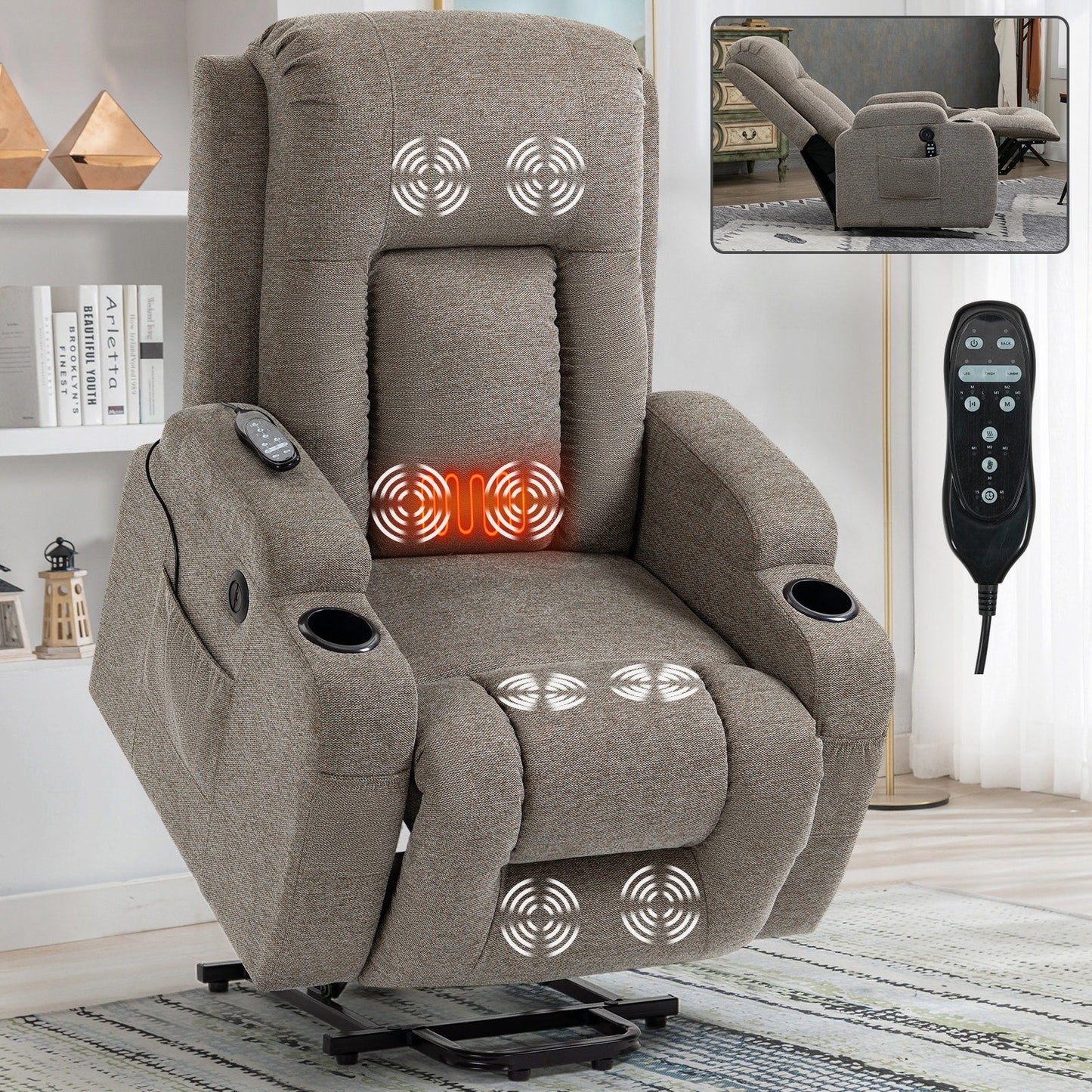 Massage Heat Power Lift Recliner Chair, USB Port, Dual Cup Holders