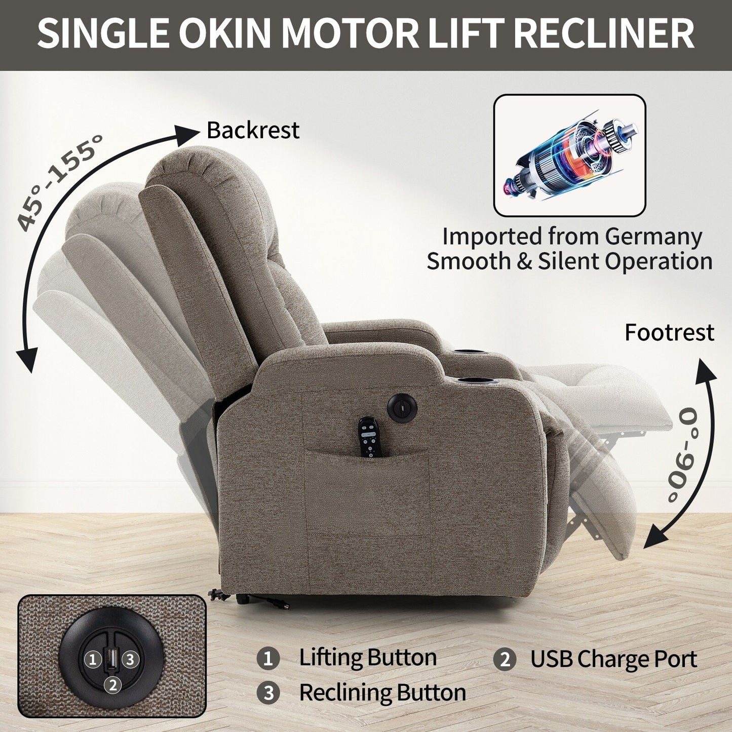 Massage Heat Power Lift Recliner Chair, USB Port, Dual Cup Holders