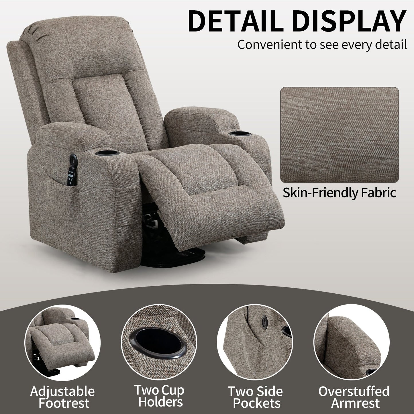 Massage Heat Power Lift Recliner Chair, USB Port, Dual Cup Holders