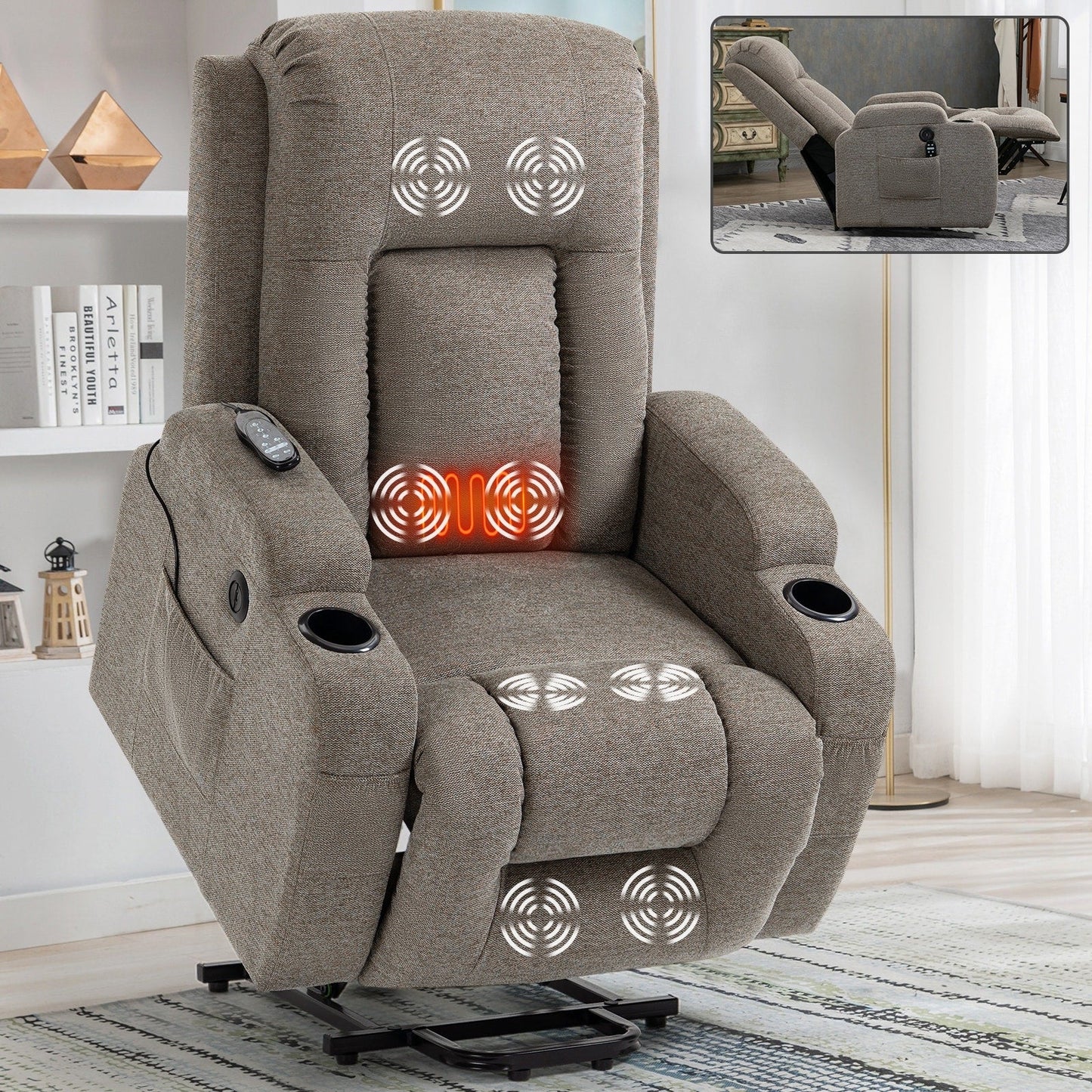 Massage Heat Power Lift Recliner Chair, USB Port, Dual Cup Holders