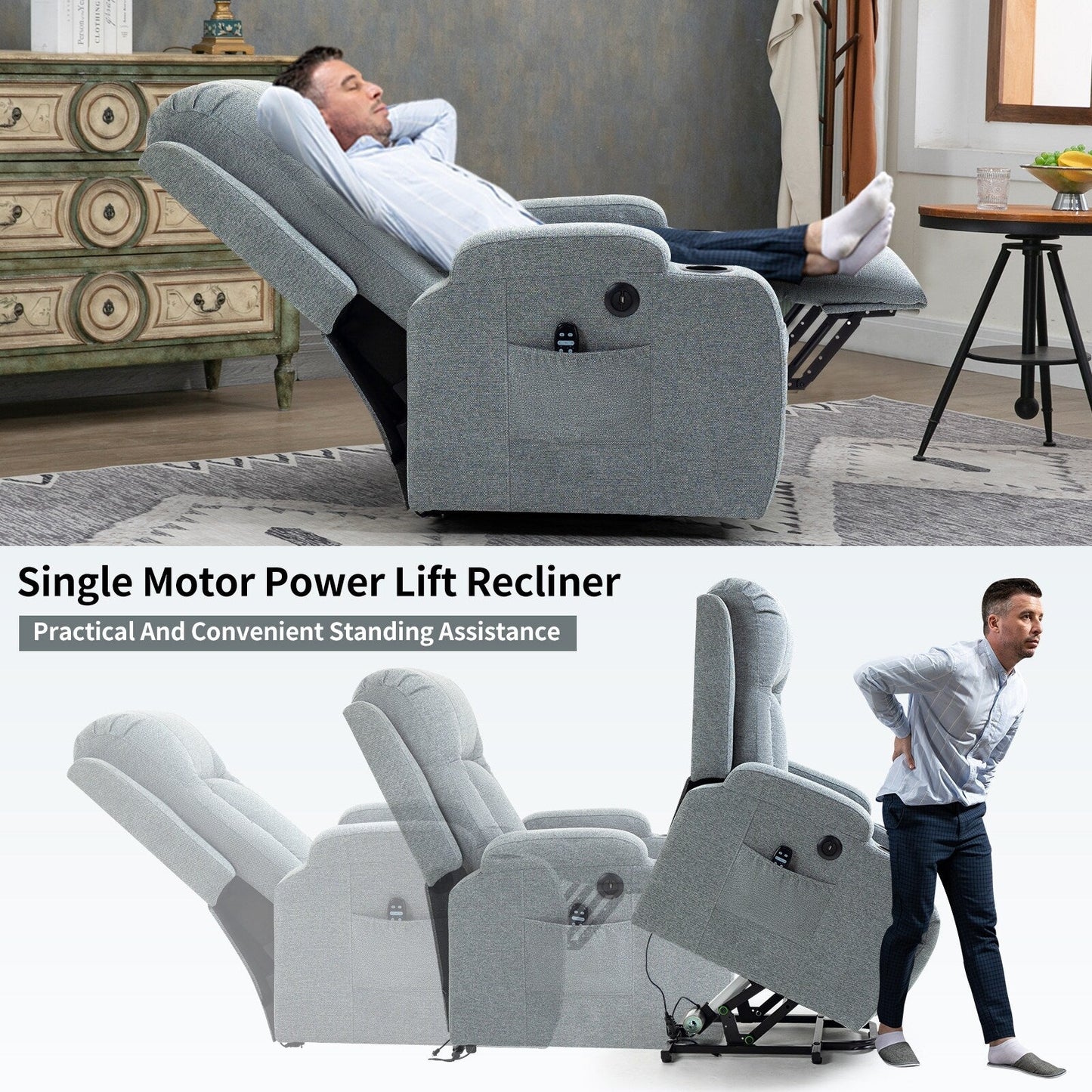 Massage Heat Power Lift Recliner Chair, USB Port, Dual Cup Holders