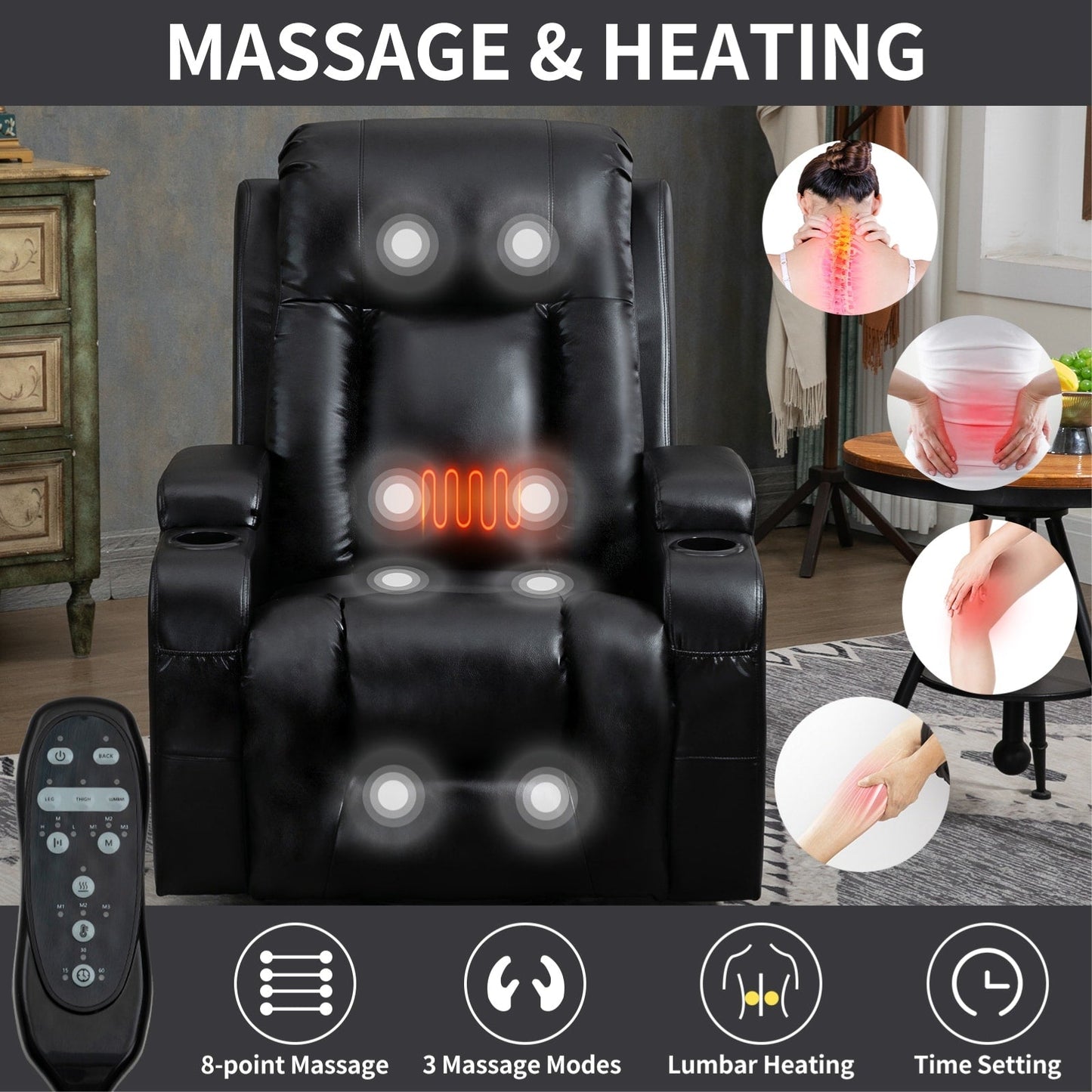 Massage Heat Power Lift Recliner Chair, USB Port, Dual Cup Holders