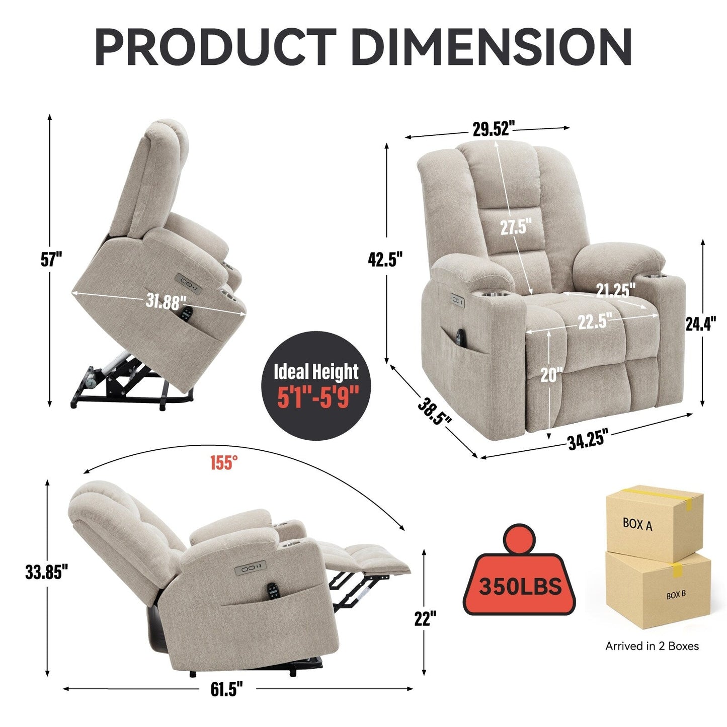 Massage Heat Power Lift Recliner Chair,2 Cup Holders,USB,Type C,Remote