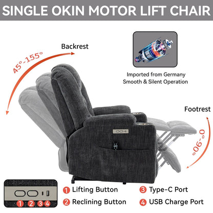 Massage Heat Power Lift Recliner Chair,2 Cup Holders,USB,Type C,Remote