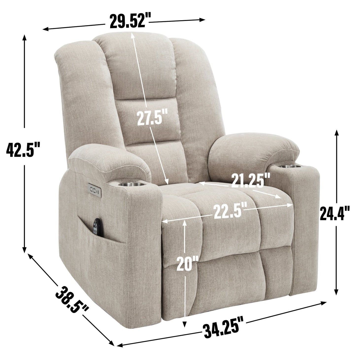 Massage Heat Power Lift Recliner Chair,2 Cup Holders,USB,Type C,Remote