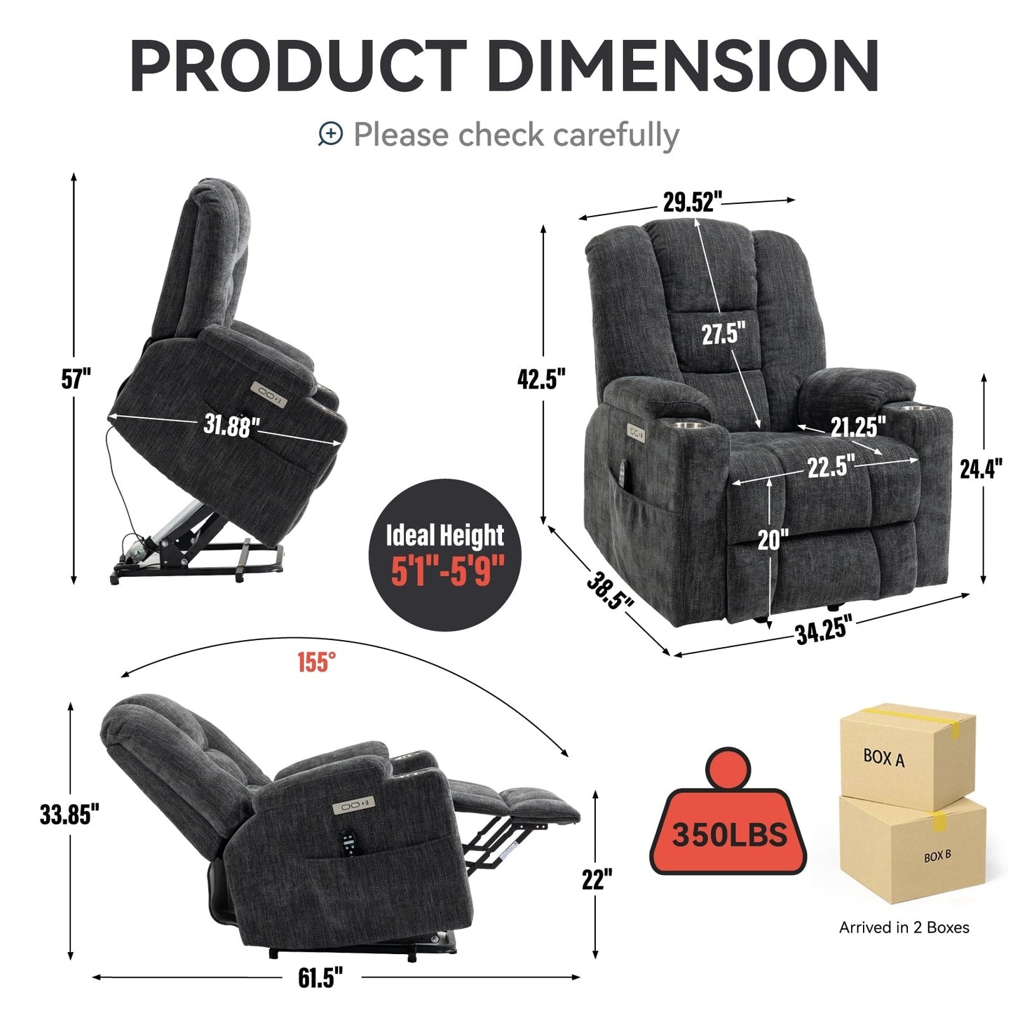Massage Heat Power Lift Recliner Chair,2 Cup Holders,USB,Type C,Remote