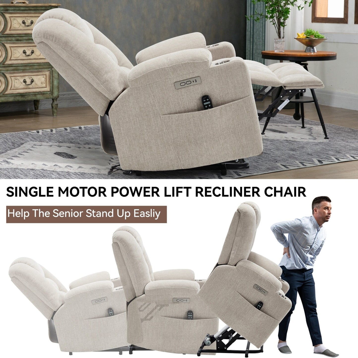 Massage Heat Power Lift Recliner Chair,2 Cup Holders,USB,Type C,Remote