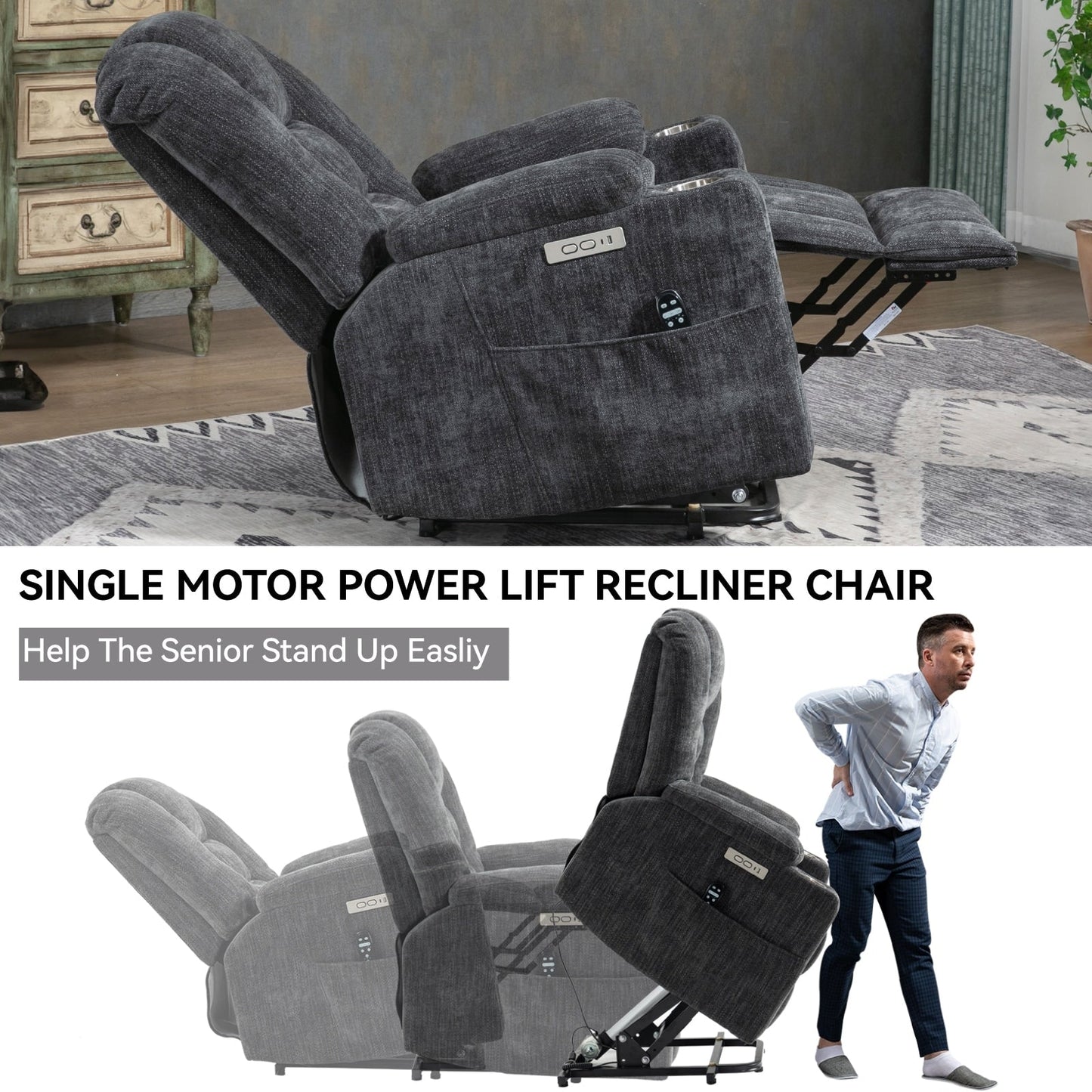 Massage Heat Power Lift Recliner Chair,2 Cup Holders,USB,Type C,Remote