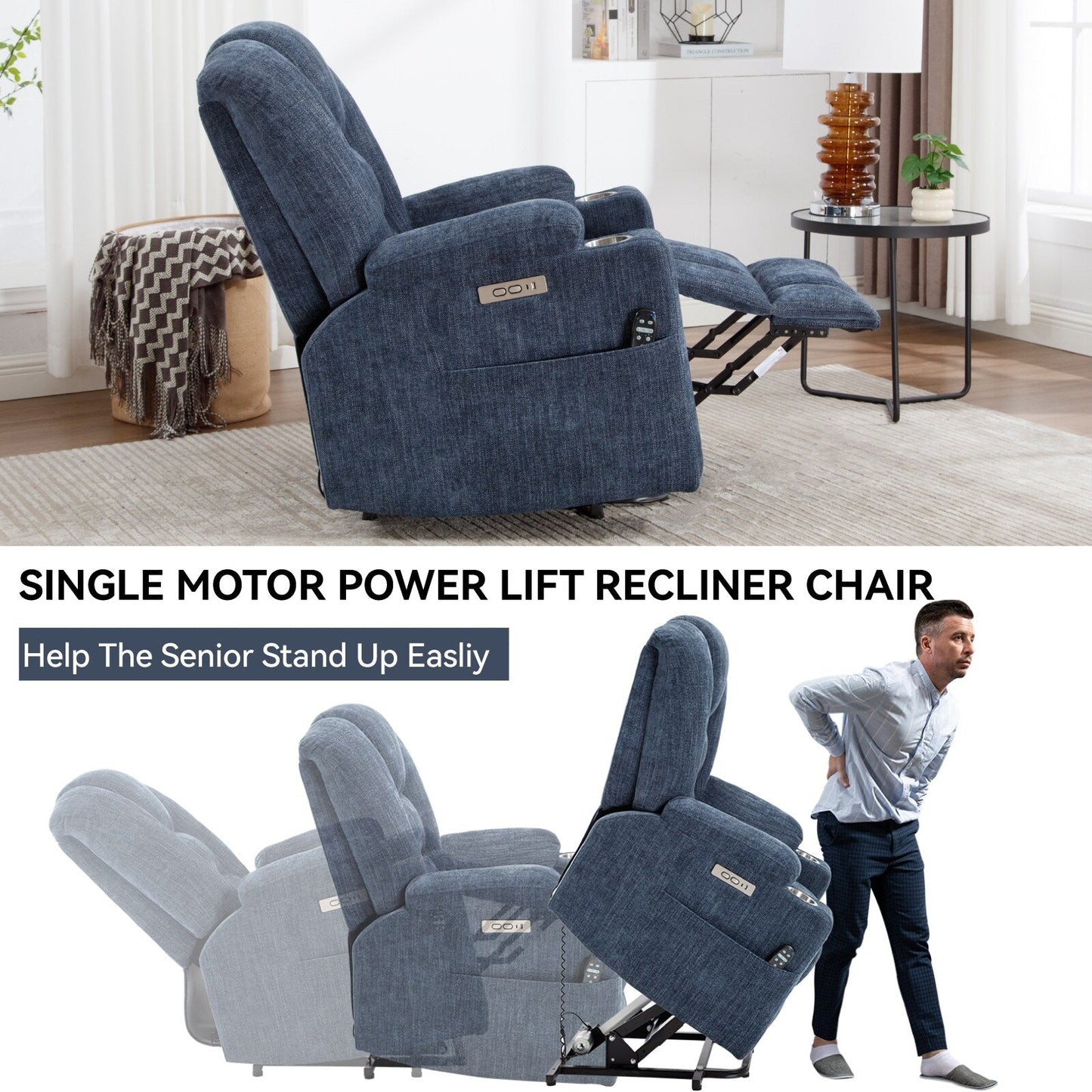 Massage Heat Power Lift Recliner Chair,2 Cup Holders,USB,Type C,Remote