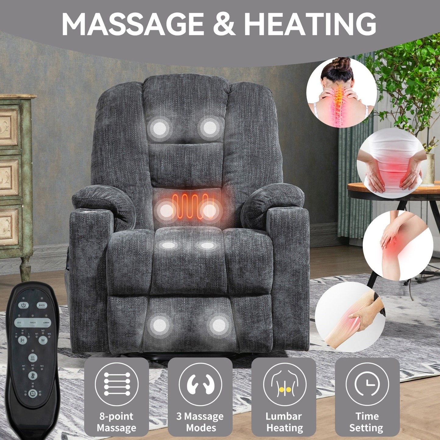 Massage Heat Power Lift Recliner Chair,2 Cup Holders,USB,Type C,Remote