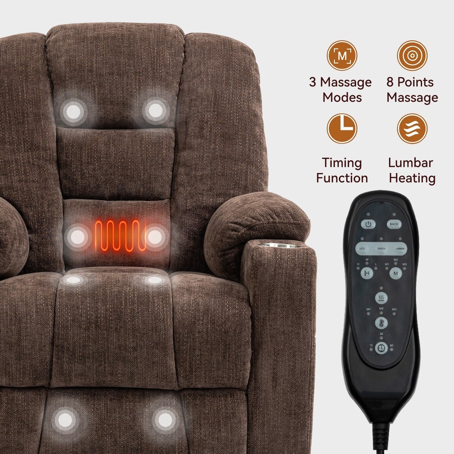 Massage Heat Power Lift Recliner Chair,2 Cup Holders,USB,Type C,Remote