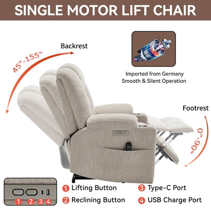 Massage Heat Power Lift Recliner Chair,2 Cup Holders,USB,Type C,Remote