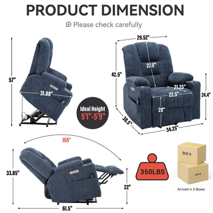 Massage Heat Power Lift Recliner Chair,2 Cup Holders,USB,Type C,Remote