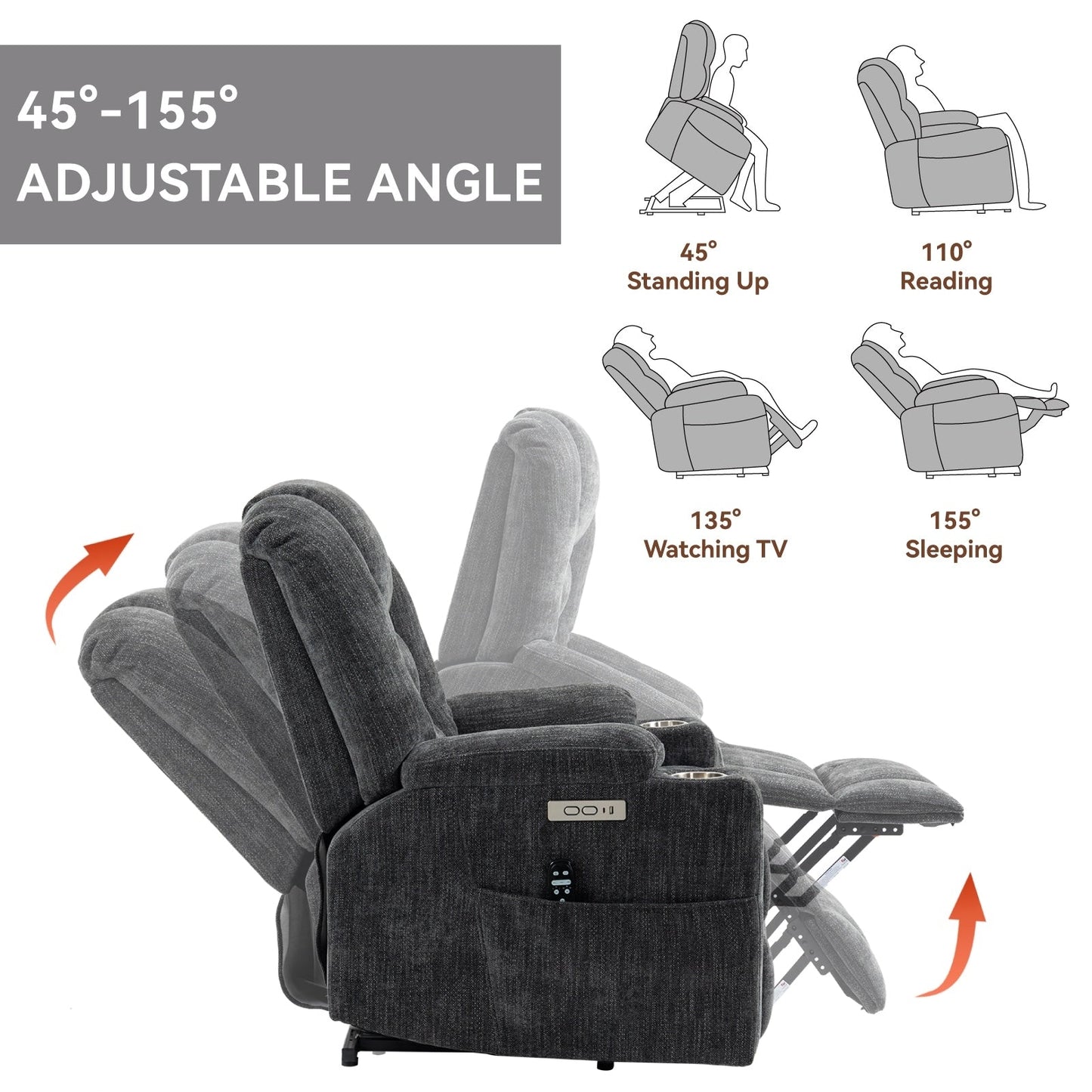 Massage Heat Power Lift Recliner Chair,2 Cup Holders,USB,Type C,Remote