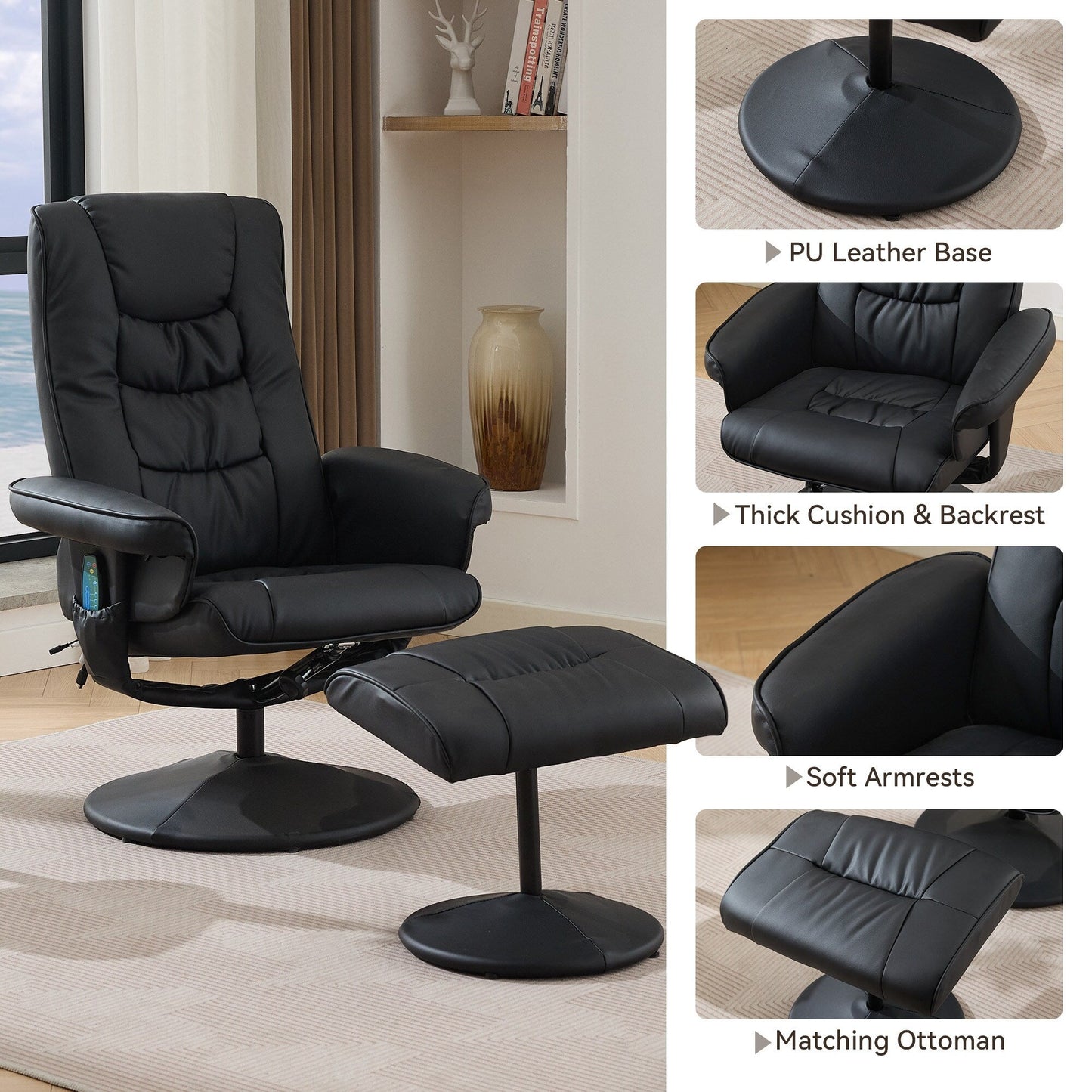 Massage Heated Lounge Chair 360Â° Swivel Recliner Chair Adjustable PU Leather Seat with Ottoman and 5 Point Vibration