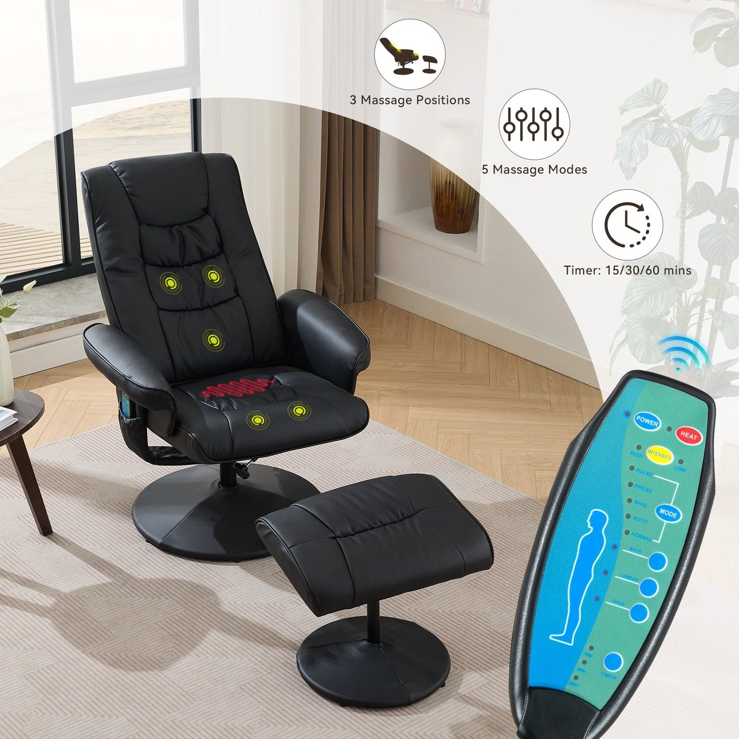 Massage Heated Lounge Chair 360Â° Swivel Recliner Chair Adjustable PU Leather Seat with Ottoman and 5 Point Vibration