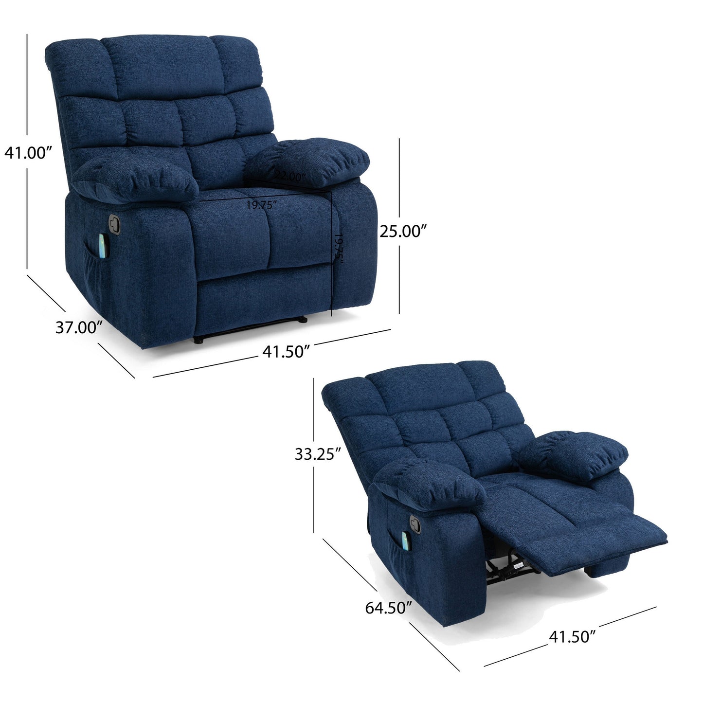 Massage Recliner Chair with 5 Modes, Adjustable, Pillowed Navy Blue