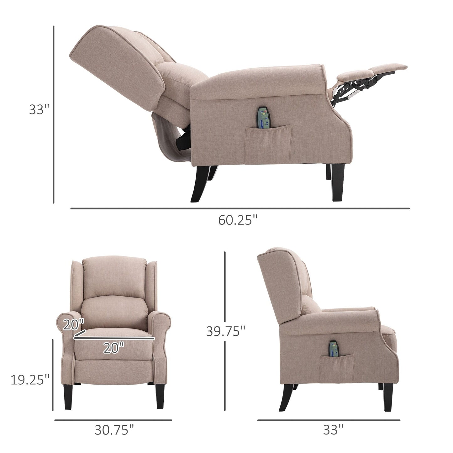 Massage Recliner Sofa with Heating, Adjustable Backrest, Wired Remote Control and Side Pocket Storage