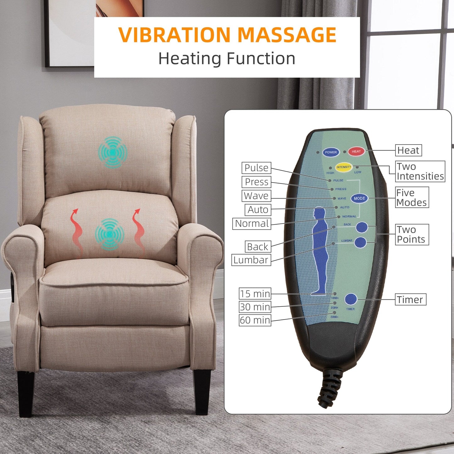 Massage Recliner Sofa with Heating, Adjustable Backrest, Wired Remote Control and Side Pocket Storage