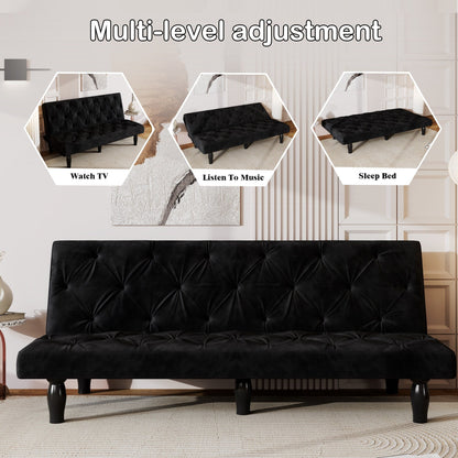 Matt Black 66 Velvet 3-seater Sofa Bed with Sturdy Wood Frame and High Elastic Foam Cushion for Living Room
