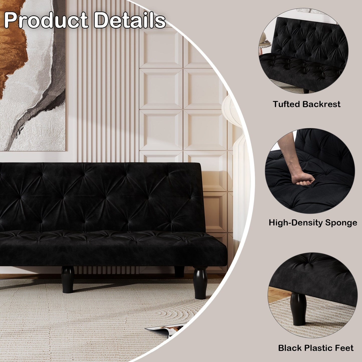 Matt Black 66 Velvet 3-seater Sofa Bed with Sturdy Wood Frame and High Elastic Foam Cushion for Living Room