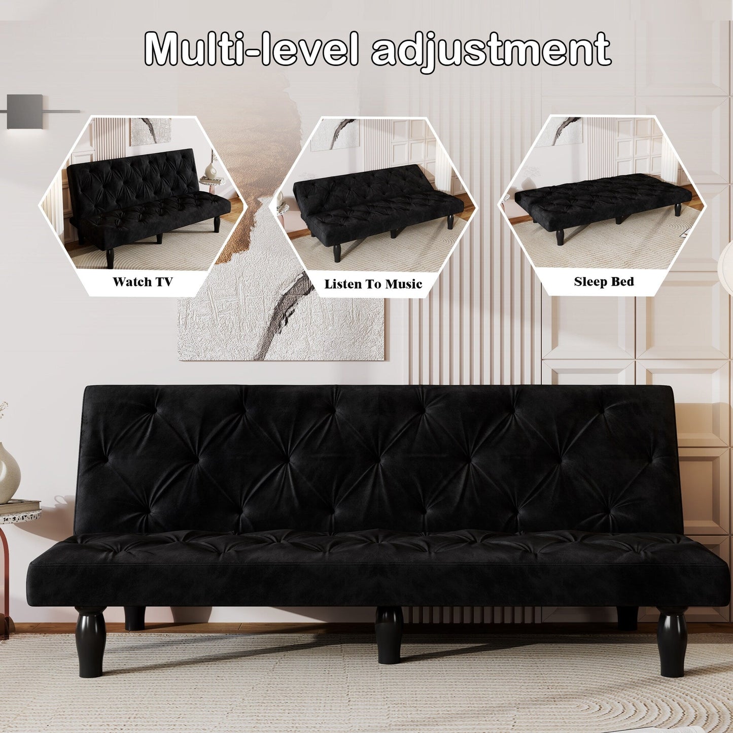 Matt Black Velvet 3-seater Sofa Bed with Wood Frame