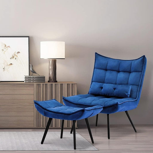 Mcombo Accent Chair with Ottoman, Velvet Tufted Wingback Chair, Upholstered Chairs with Metal Legs for Bedroom Living Room 4079