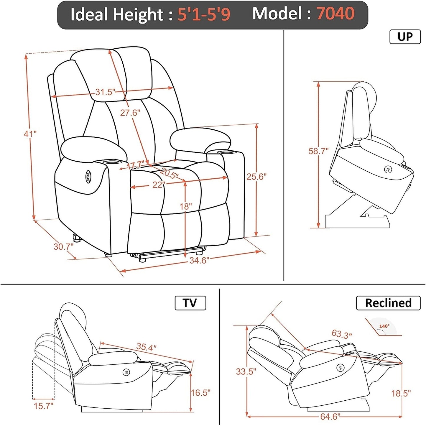 MCombo Electric Power Lift Recliner Chair Sofa with Massage and Heat, 3 Positions, USB Ports, Fabric 7040