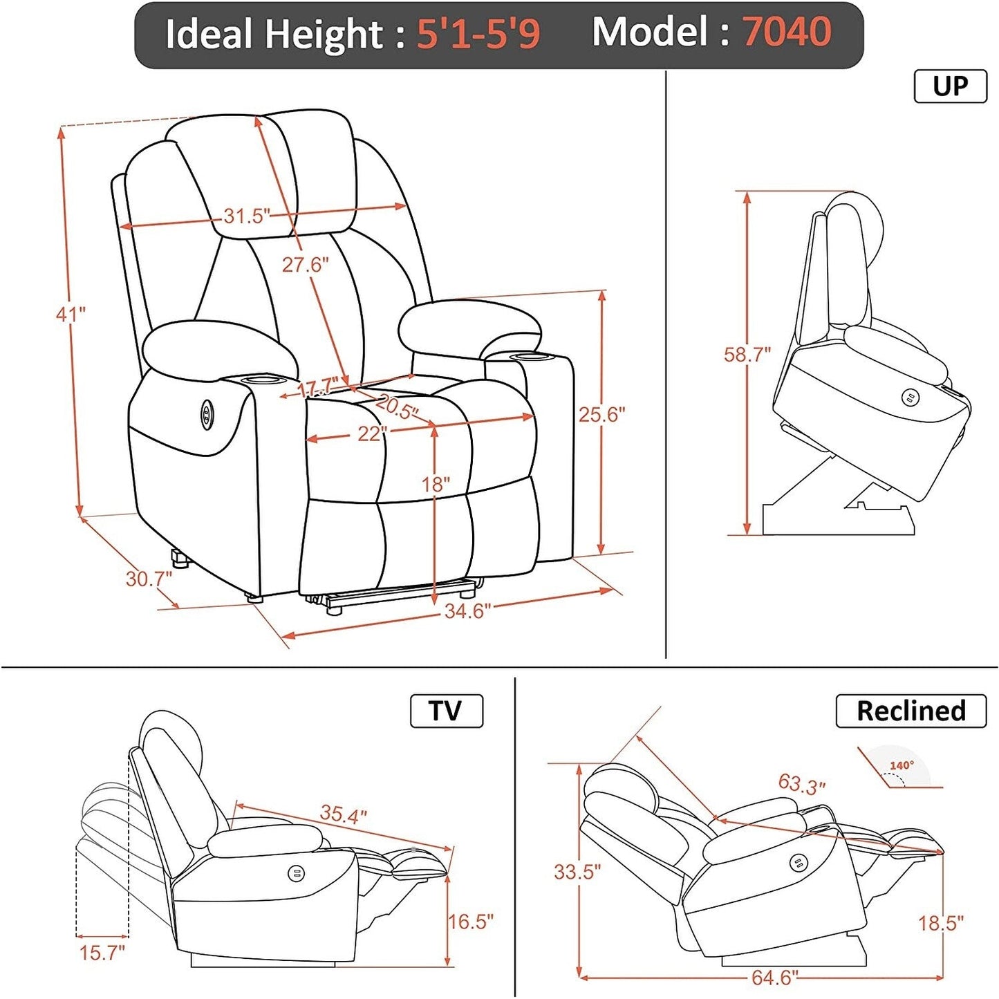 MCombo Electric Power Lift Recliner Chair Sofa with Massage and Heat, 3 Positions, USB Ports, Fabric 7040
