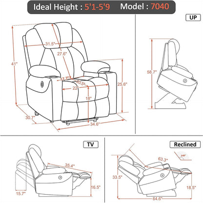 MCombo Electric Power Lift Recliner Chair Sofa with Massage and Heat, 3 Positions, USB Ports, Fabric 7040