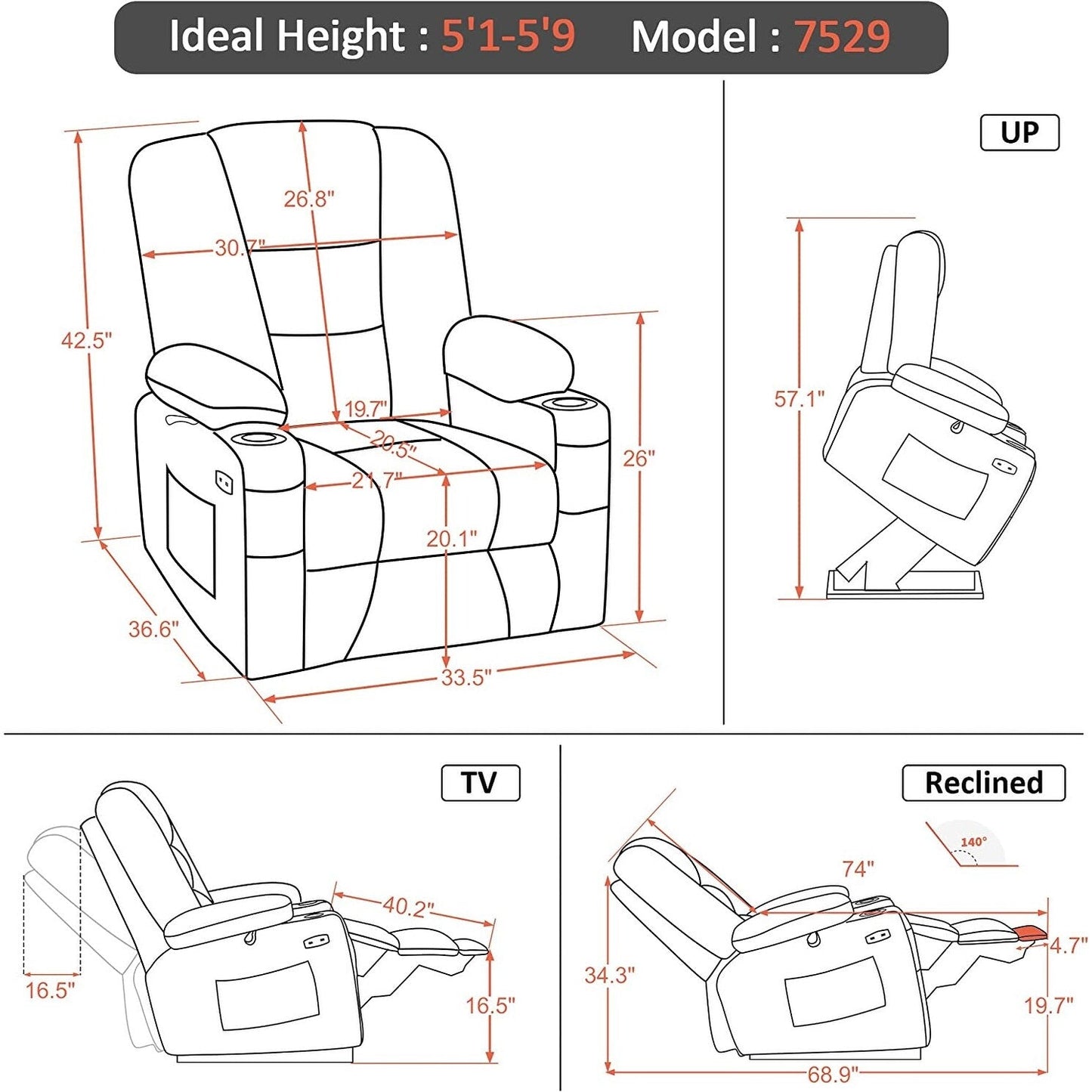 MCombo Power Lift Recliner Chair with Massage and Heat for Elderly, Extended Footrest, USB Ports, Fabric (Medium)