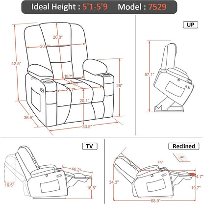 MCombo Power Lift Recliner Chair with Massage and Heat for Elderly, Extended Footrest, USB Ports, Fabric (Medium)