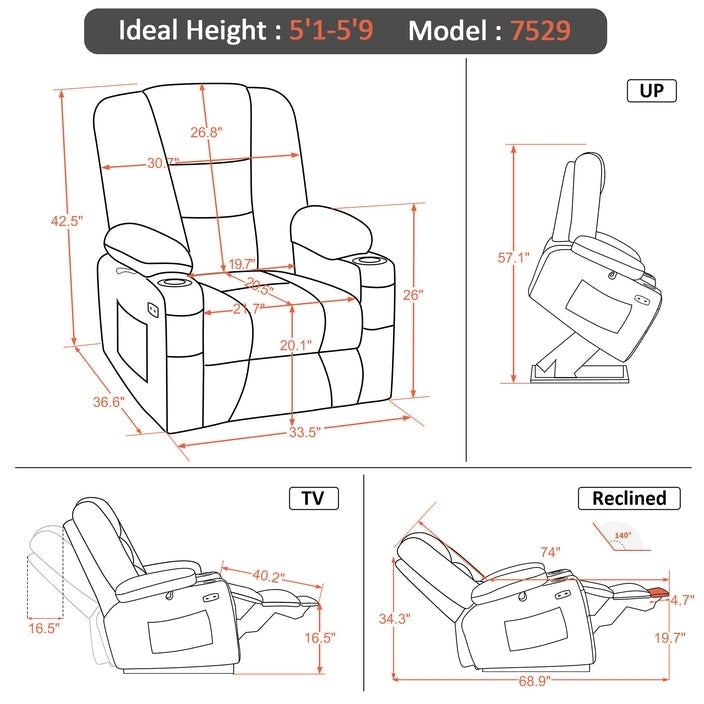 MCombo Power Lift Recliner Chair with Massage and Heat for Elderly, Extended Footrest, USB Ports, Fabric (Medium)