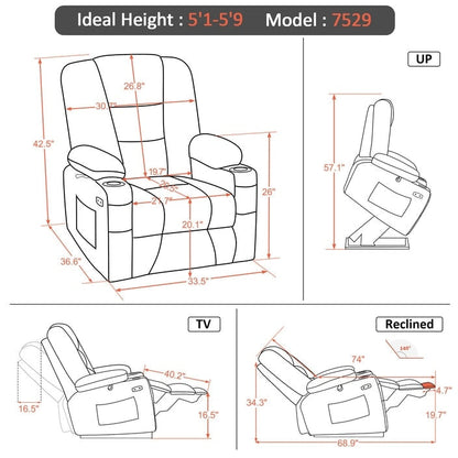 MCombo Power Lift Recliner Chair with Massage and Heat for Elderly, Extended Footrest, USB Ports, Fabric (Medium)