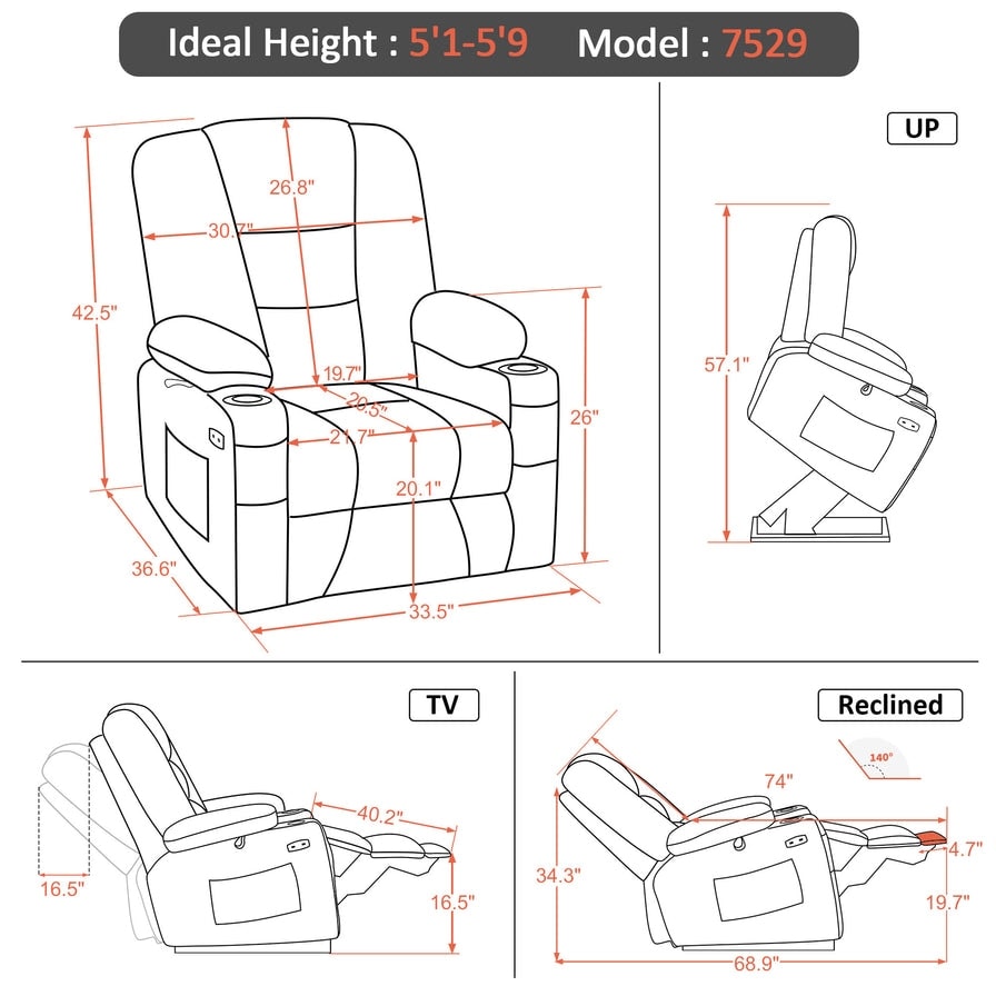 MCombo Power Lift Recliner Chair with Massage and Heat for Elderly, Extended Footrest, USB Ports, Fabric (Medium)