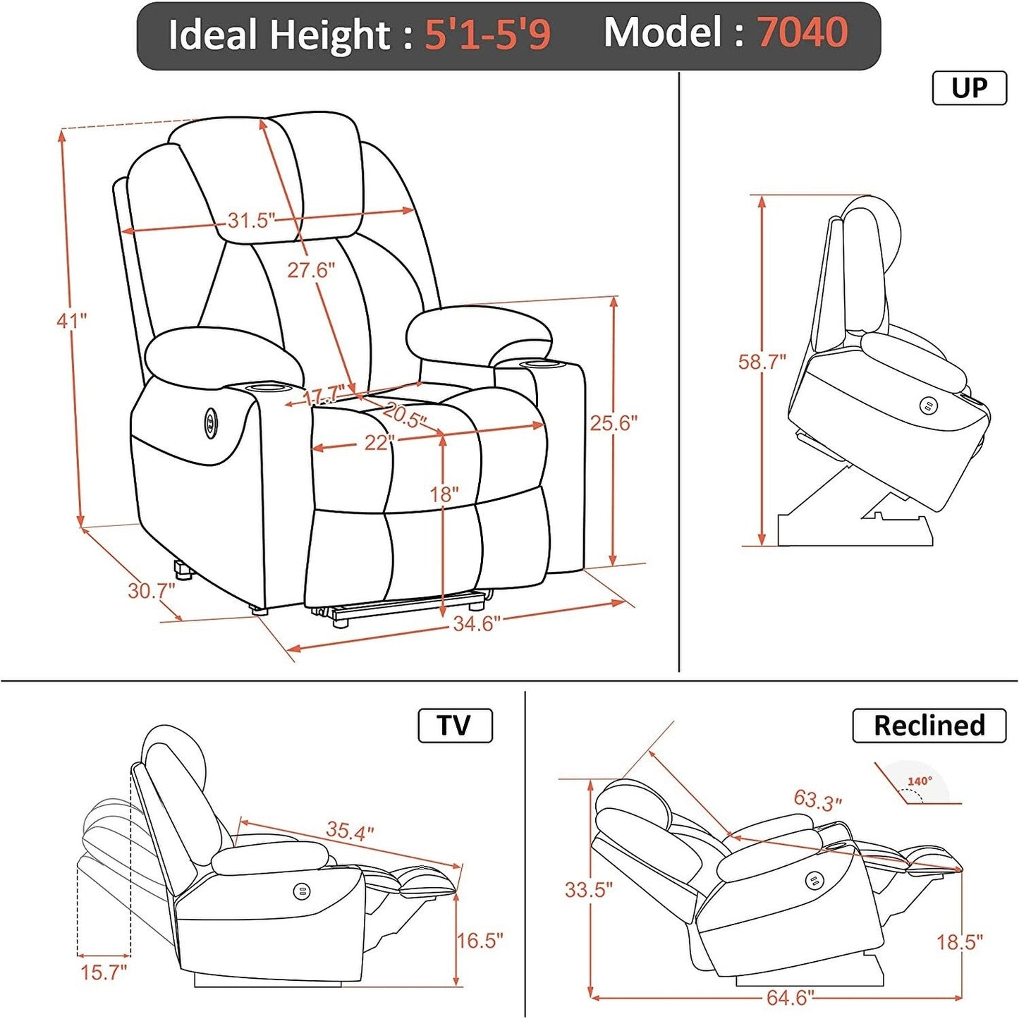 MCombo Electric Power Lift Recliner Chair Sofa with Massage and Heat, 3 Positions, USB Ports, Fabric 7040