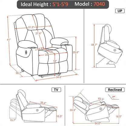 MCombo Electric Power Lift Recliner Chair Sofa with Massage and Heat, 3 Positions, USB Ports, Fabric 7040