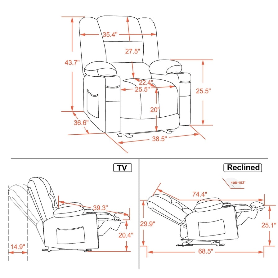 MCombo Electric Power Recliner Chair with Heat and Massage, Fabric 6079/PR670