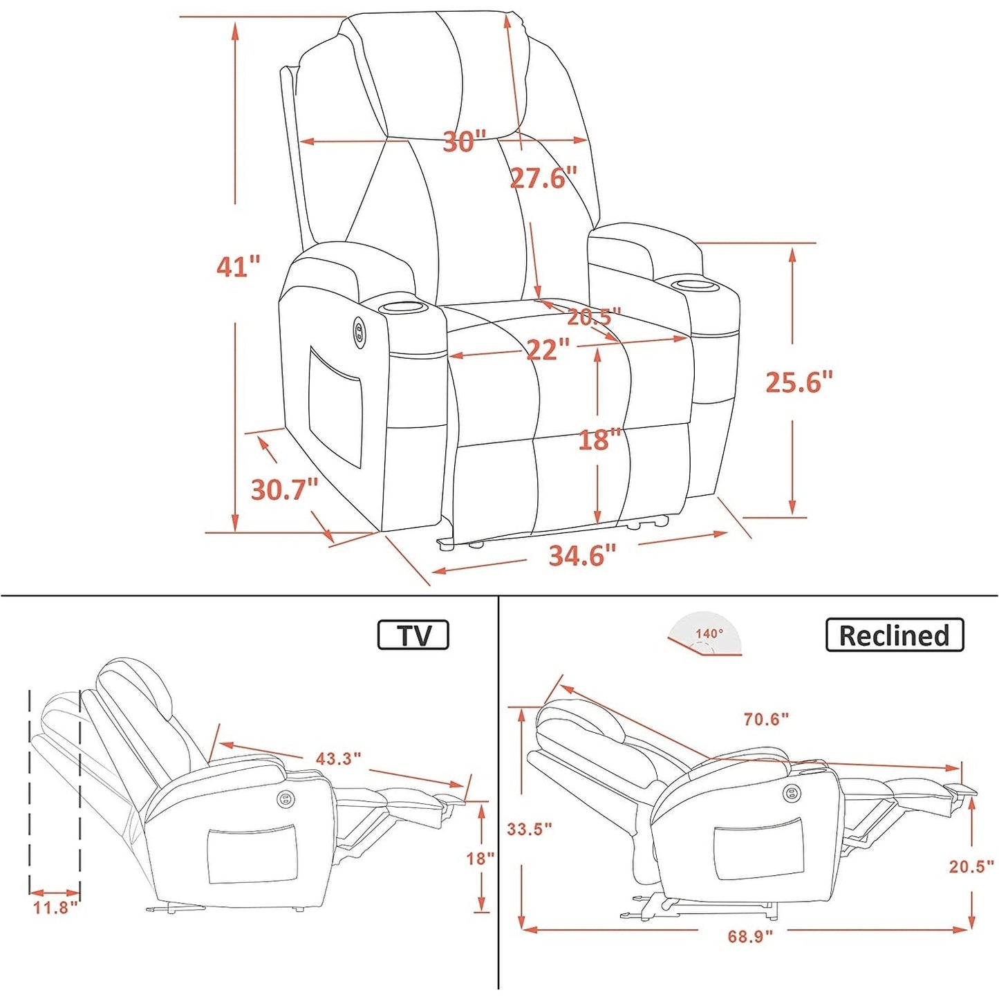 Mcombo Electric Power Recliner Chair with Massage and Heat, Faux Leather 7050