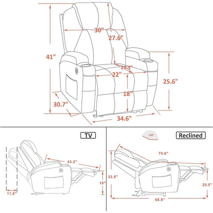 Mcombo Electric Power Recliner Chair with Massage and Heat, Faux Leather 7050