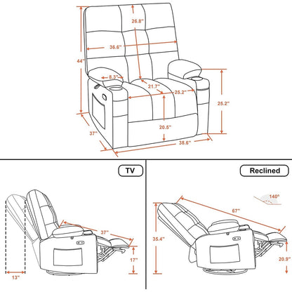MCombo Large Power Swivel Glider Rocker Recliner Chair with Massage and Heat, Faux Leather 7748
