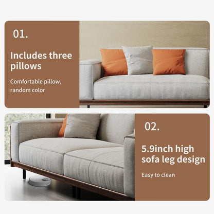 Mid-Century Modern 4 Seater Sofa Walnut Cotton Linen Upholstery, Removable Washable Covers, Deep Cushions with Pillows